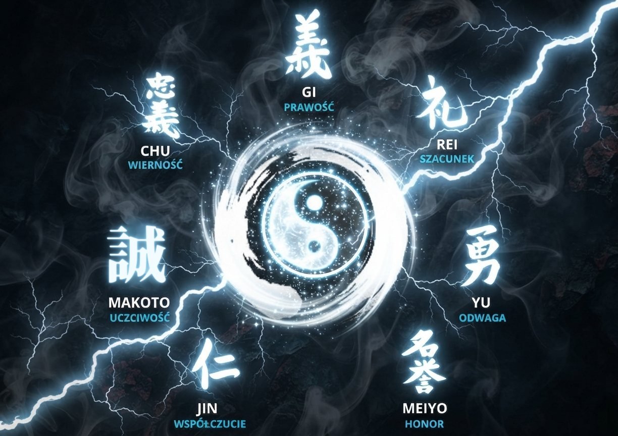 Siedem cnót Bushidō wokół symbolu yin-yang: Gi – prawość, Rei – szacunek, Yū – odwaga, Meiyo – honor, Jin – współczucie, Makoto – uczciwość, Chū – wierność